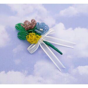 Vintage Art Nouveau Floral Ribbon Beaded Multicolor Brooch - S2